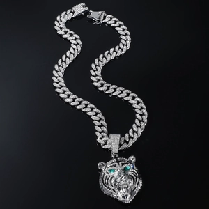 Hip hop silver tiger head pendant necklace with green eyes on cuban chain