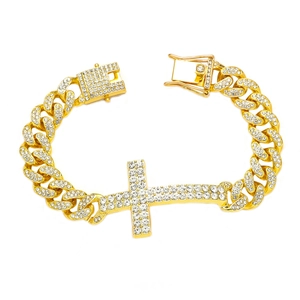 Hip-hop Punk Zinc Alloy Cross Pendant Cuban Chain Bracelet For Men Women Pave Rhinestone Gold Silver Trendy Domineering Jewelry