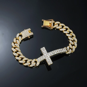 Men's hip-hop gold Cuban link bracelet with iced-out cross pendant and rhinestone accents