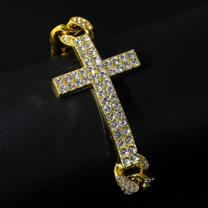 Men's gold punk cross bracelet with sparkling rhinestones on cuban link curb chain