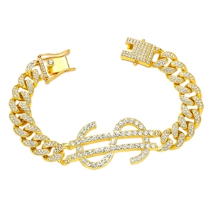 Gros bracelet maille gourmette dorée avec pendentif dollar et strass scintillants