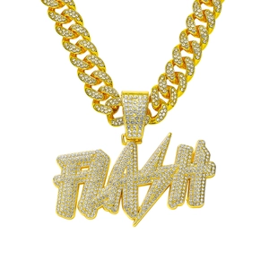 Collier Homme Hip Hop Pendentif Lettre FLASH Entièrement Serti de Strass Chaîne Cubaine Alliage de Zinc Plqué Or Argent Bijoux