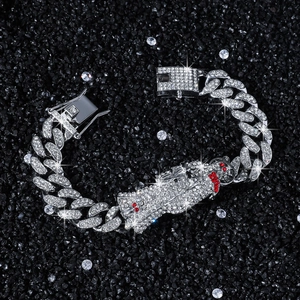 Bracelet cubain hip-hop argenté pour homme serti de diamants et cristal rouge central
