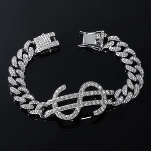 Bracelet cubain argenté pour homme avec pendentif signe dollar en strass