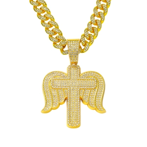 Hip Hop Engelsflügel Kreuz Anhänger Halskette Für Herren Iced Out Strass Panzerkette Gold Silber Überzogen Schmuck
