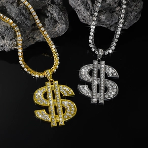 Hip hop dollar sign pendant necklace in gold and silver finish with crystal stones