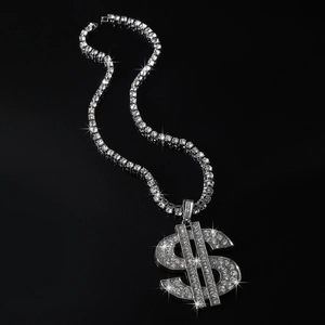 Hip hop silver tennis chain with iced out crystal encrusted dollar sign pendant