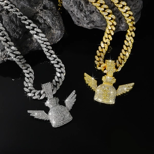 Pendentif sac d'argent ailes d'ange hip hop avec strass sur grosse chaîne cubaine