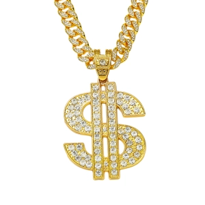 Iced Out Dollar Sign Pendant Necklace Hip Hop Men Alloy Rhinestone Jewelry Cuban Link Chain Gold Silver Fashion Necklaces