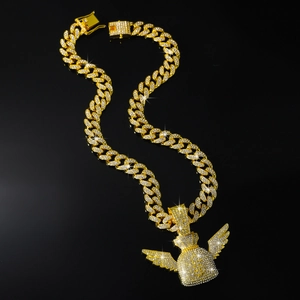 Pendentif sac d'argent ailes d'ange hip hop avec collier chaîne cubaine dorée sertie