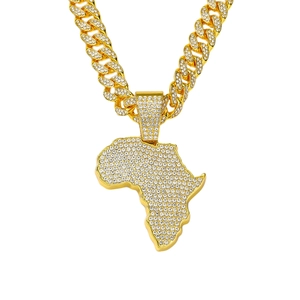 Hip Hop Africa Map Pendant Necklace Full Rhinestone Iced Out Cuban Link Chain Zinc Alloy Gold Silver Plated Men Jewelry
