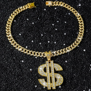 Iced out gold plated Cuban chain necklace with a large sparkling dollar sign pendant