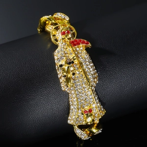 Bracelet chaîne cubaine dorée hip hop avec pendentif Santa Muerte et cristaux blancs