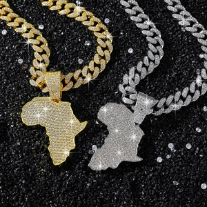Iced out African map pendant necklace with crystal Cuban link chain in gold and silver
