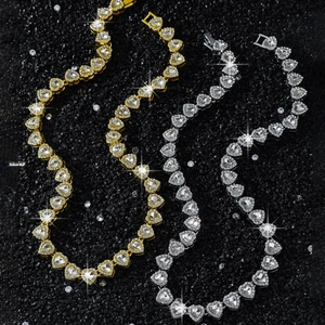 Men's 10mm gold and silver heart-shaped tennis necklaces with claw-set cubic zirconia