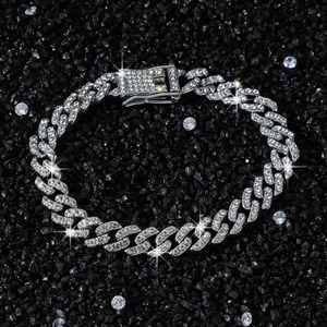 Hip hop 9mm wide rhodium plated rhinstone studded bracelet with box clasp on black sand
