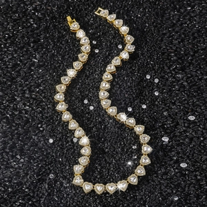 Men's 10mm gold heart link chain necklace with sparkling rhinestones in hip hop style