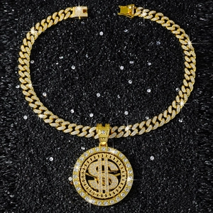 Gold-plated Cuban link necklace with spinning dollar sign pendant and icy rhinestones