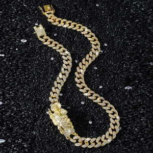 Collana a Maglia Cubana in Lega con Strass Iced Out Hip Hop Con Pendenti Religiosi Leone Drago Gioielli Streetwear Uomo