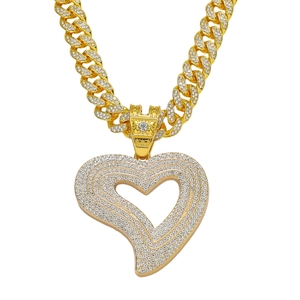 Collier Pendentif Cœur Hip Hop Hommes Or Argent Strass Iced Out Chaîne Cubaine Alliage de Zinc Cœur Creux Bijoux pour Fête