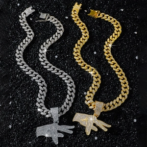 Iced out hip hop finger gesture pendant necklaces with sparkling cuban chains in gold and silver