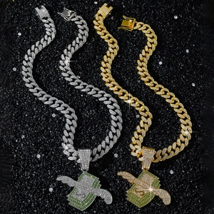 Collier pendentif aile dollar hip hop en or et argent avec strass étincelants