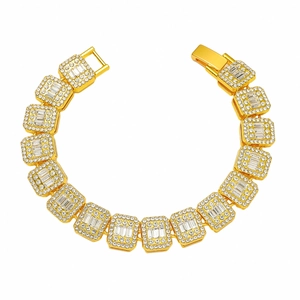 Bracelet hip hop doré 12mm avec zircons cubiques carrés baguette et brillants ronds