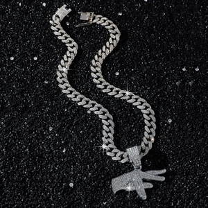 Hiphop iced out Cuban chain necklace with sparkling hand gesture sign pendant and crystals