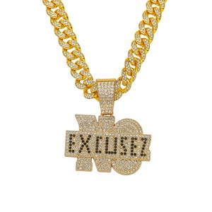 Collier Pendentif Lettre NO EXCUSEZ Hip Hop Iced Out en Alliage de Zinc avec Strass Chaîne Maille Cubaine pour Hommes Bijoux