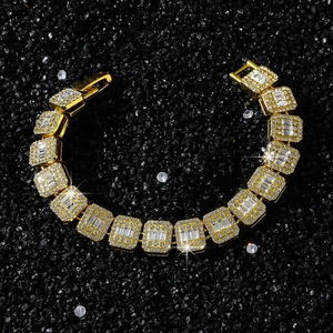 Bracelet Hip Hop Iced Out Luxueux Bracelet en Alliage de Strass à Maillons Carrés Coupe Baguette Plaqué Or Argent Bijoux Homme Femme