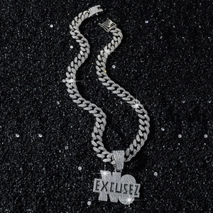 Collier maille cubaine hip-hop avec pendentif NO EXCUSEZ en argent serti de strass