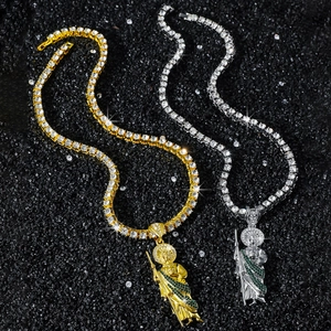 Hip hop St. Jude pendant necklace with stones in gold and silver finish on tennis chain
