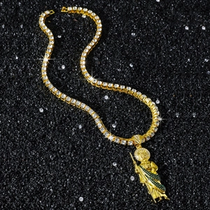 Hip hop style gold tennis chain with a Saint Jude pendant encrusted with green crystals