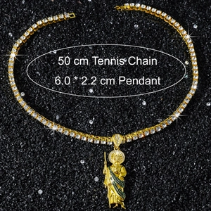 Detailed view of Saint Jude gold pendant with dimensions 6.0x2.2cm and 50cm tennis chain