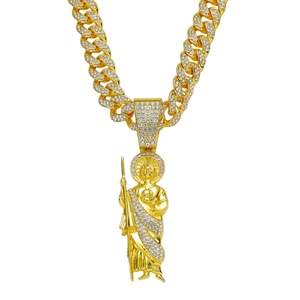 Hip Hop St. Jude Religious Figure Pendant Necklace For Men Gold Silver Plated Zinc Alloy Rhinestone Pave Cuban Link Chain Jewelry