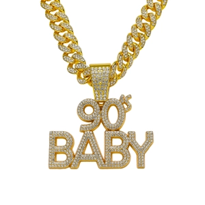 Collier Pendentif Lettre 90s BABY Hip Hop Pour Hommes Femmes Strass En Alliage De Zinc Chaîne Cubaine Bijoux Streetwear