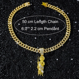 Close-up of Saint Jude pendant on 50cm gold Cuban chain with sparkling crystals