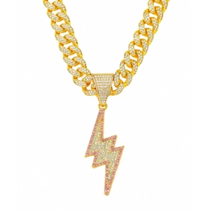 Hip Hop Lightning Bolt Pendant Necklace Zinc Alloy Rhinestone Inlaid Cuban Chain Iced Out Men Fashion Jewelry Party Gift