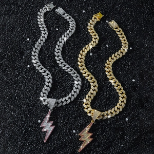 Hip hop style gold and silver iced out lightning pendant necklaces with Cuban chain
