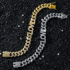 Hip-Hop-Armband im Cuban-Link-Stil mit LOVE-Anhänger und Diamanten in Gold und Silber