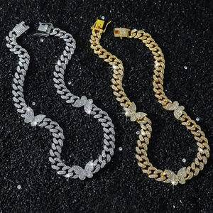 Classic 13mm iced out Cuban chain necklace with butterfly pendants in gold and silver