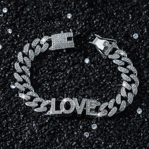Silbernes Iced-Out Cuban Link LOVE Armband mit Zirkoniasteinen im Hip-Hop-Stil