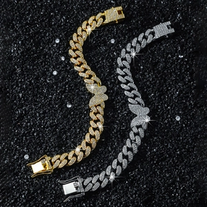 Hip hop iced-out Cuban link bracelet with diamond butterfly pendants in gold and silver