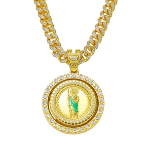 Hip Hop Saint Jude Rotating Pendant Necklace For Men Iced Out Rhinestone Zinc Alloy Round Icon Religious Streetwear Jewelry