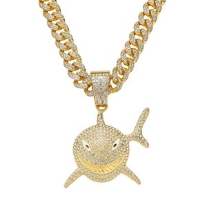 Hip Hop Shark Pendant Necklace For Men Bling Rhinestone Zinc Alloy Cuban Link Chain Street Fashion Jewelry Gift