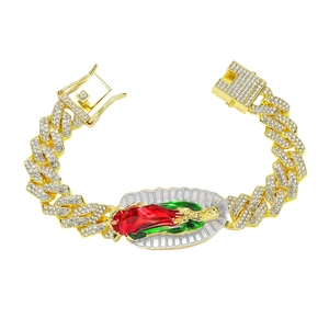 Bracelet Hip Hop Iced Out Médaillon Vierge Marie Chaîne Cubaine Pour Hommes Femmes Bijoux Religieux En Alliage Strass Émail