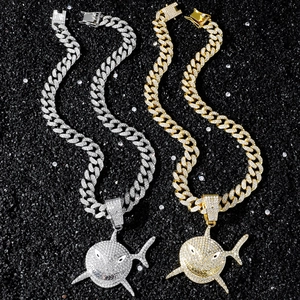 Hip hop shark pendant necklaces in gold and silver with iced out cuban chains