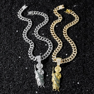 Hip hop Saint Jude pendant necklace with gold and silver finishes and iced out Cuban chain