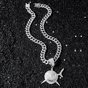 Hiphop iced out shark pendant necklace with silver cuban link chain and clear rhinestones