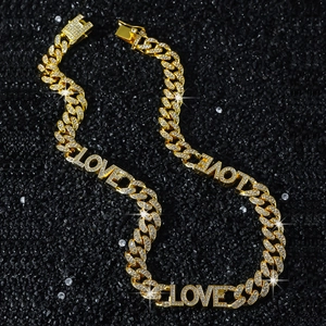 Hip Hop Herren Legierung Iced Out Panzerkette Halskette Oder Armband Mit Strass Love Buchstaben Gold Silber Vergoldet Schmuck